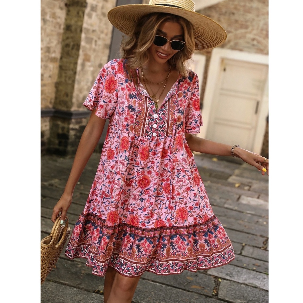 Floral Print Pink Red Flowy Loose Fitting Short Sleeve Mini Dress Neck Ties